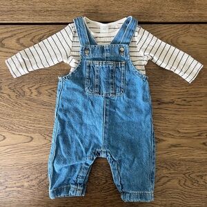 Zara Blue Denim Overalls with H&M Striped set